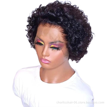 Wholesale Honey Brown Color Glueless Cheap Pixie Short Peruvian Hair Wig Kinky Curly Human Hair Lace Frontal Wig For Women